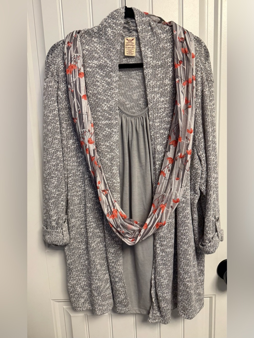 Gray Open-Front Knit Cardigan with Attached Shirt and Floral Scarf